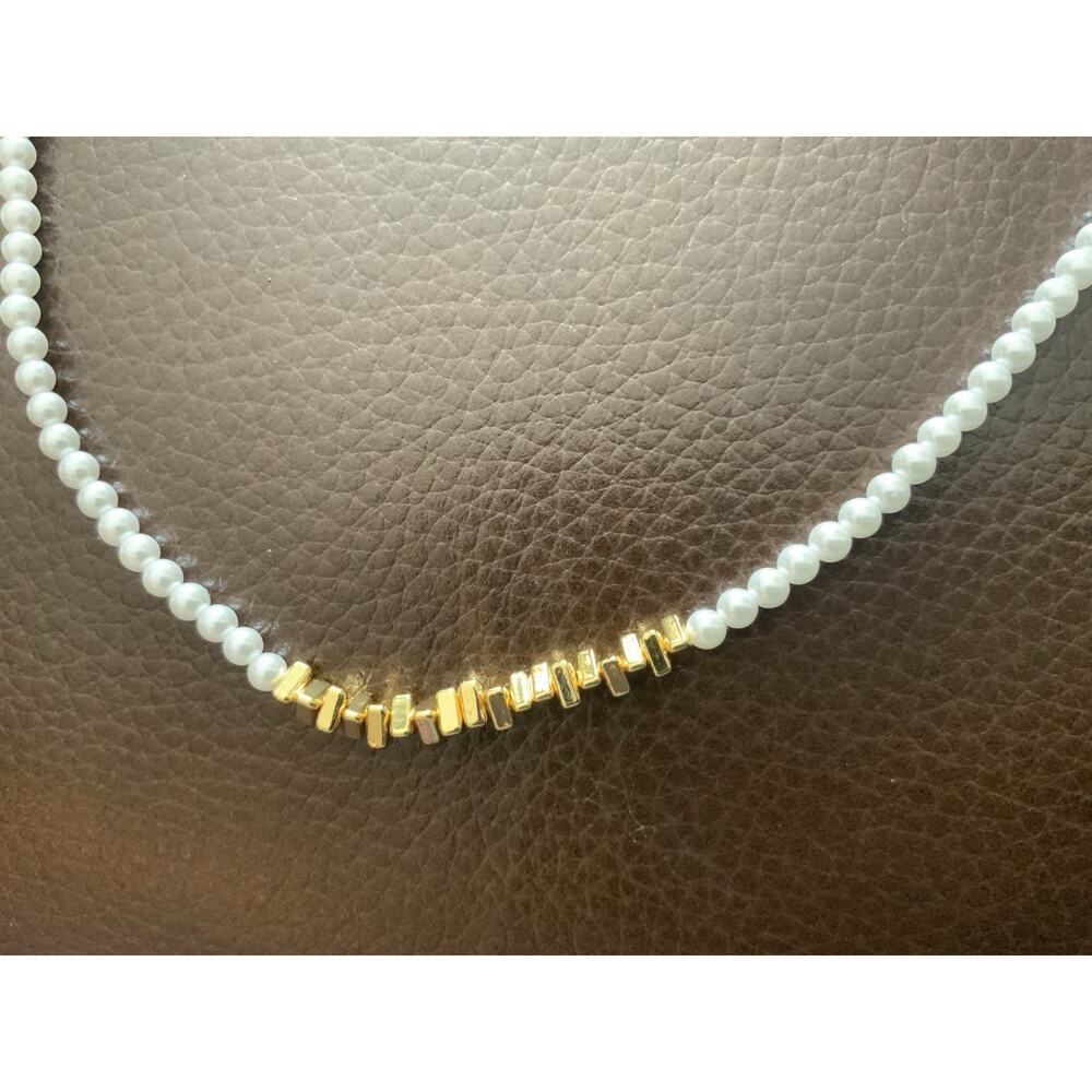 Anthropologie Pearl Necklace Nugget Gold Boho Chain Delicate Baroque Geometric - Picture 7 of 10